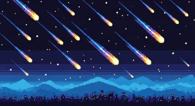 Vibrant Pixel Art Meteor Shower Cascading Over a City at Night
