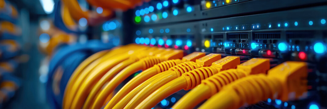 fiber optic internet cables and wires connected to servers in the server room close-up. Network online data storage center
