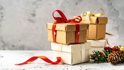 Stack of Wrapped Gift Boxes with Red and Gold Ribbon on Snowy Surface