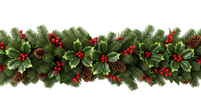 Lush dense Christmas garland with vibrant green fir, red holly berries, brown pine cones, symmetrically arranged on transparent background with copy space, serene festivity concept