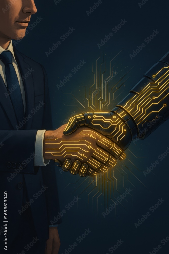 Poster digital alliance: a sharp-suited person shaking hands with a robotic entity, their hands illuminated