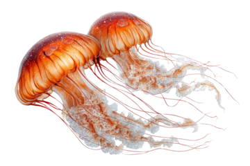 Two orange-brown jellyfish, translucent bell-shaped bodies, and long, delicate, reddish-white tentacles, against a black background