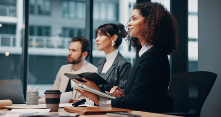 Obraz premium Business people, meeting and listening with team in conference for corporate proposal. Group, employees or staff with documents for company proposition, presentation or pitch together in boardroom