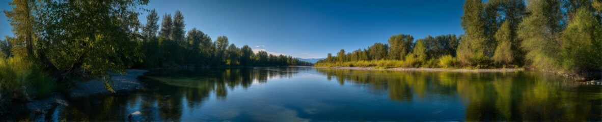 Obraz premium Serene river reflection nature panorama hdr landscape tranquil environment wide viewpoint panoramic calmness