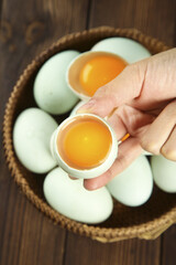 Fresh Free-Range Duck Eggs with Golden Yolks in Rustic Basket - Organic Farm Produce