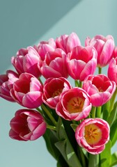 Obraz premium Blossom Bouquet: A vibrant bouquet of pink tulips is elegantly arranged, showcasing their velvety petals and cheerful beauty, offering a vibrant symbol of spring and renewal.