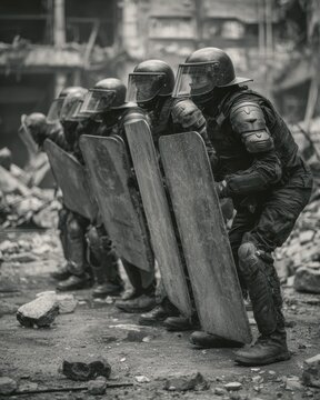 Tactical security forces preparing for crowd control in urban conflict zone amidst debris and destruction, black and white photograph