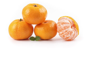 Fresh Small Seedless Oranges and Tangerine Segments on White Background