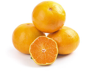 Fresh Ehime Oranges Cut in Half on White Background - Japanese Citrus Fruit