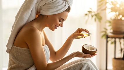 Naklejka premium Woman Pouring Oil into Coconut Half While Wrapped in Towels