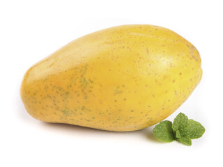 Fresh Hainan Papaya Fruit with Mint Leaves on White Background