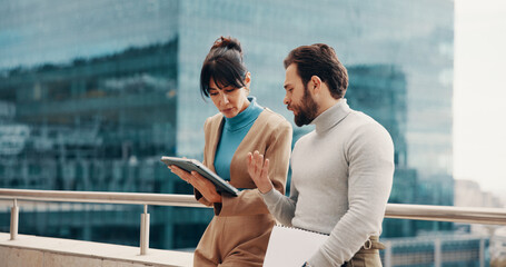 Meeting, balcony and business people on tablet for online project, finance review and proposal feedback. Team, collaboration and workers on tech for discussion, financial report and budget planning