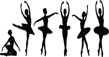 Silhouettes of Ballet Dancers in Various Poses, Elegant Female Ballerinas Performing Dance, Graceful Classical Ballet Vector Art Illustration