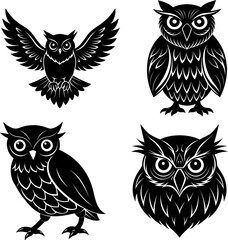 Obraz premium Owl silhouette vector, Black silhouette of owl vector bundle logo illustration set, owl head art, owl vector illustration