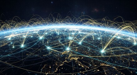 Global network connections and data flow over Earth at night from