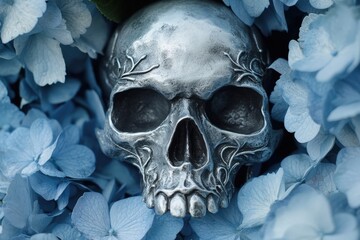 A detailed close-up of a decorative skull, nestled amongst delicate, pale blue hydrangea blossoms, creating a captivating juxtaposition of life and death.
