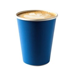 A vibrant blue disposable coffee cup.  Creamy latte with latte art