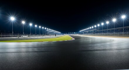 Motor racing track at night with bright stadium lights illuminating