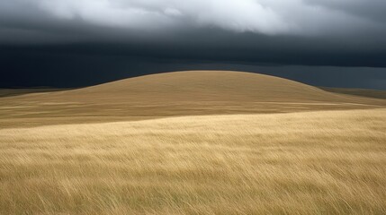 Fototapeta premium Dramatic Storm Clouds Loom Over Rolling Golden Grassland Landscape