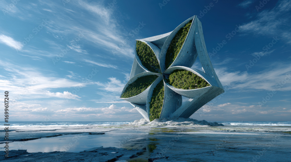 Poster smart eco factory design featuring unique sensor structure with green elements surrounded by water a