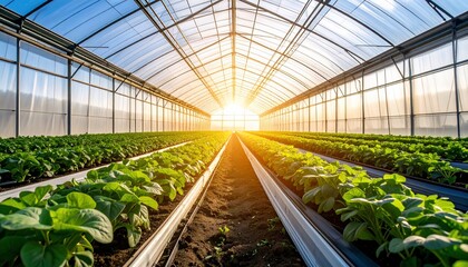 Inside a greenhouse: rows of leafy greens growing under sunlight and glass structures