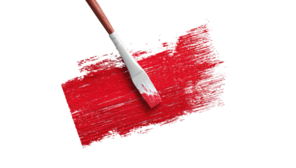 Close-up of a paintbrush applying red paint to a textured canvas. A bright red rectangular shape of paint is being worked on with a light-colored paintbrush