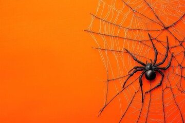 Black spider on a spiderweb against an orange background for halloween