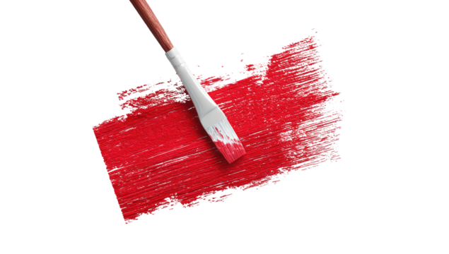 Close-up of a paintbrush applying red paint to a textured canvas. A bright red rectangular shape of paint is being worked on with a light-colored paintbrush