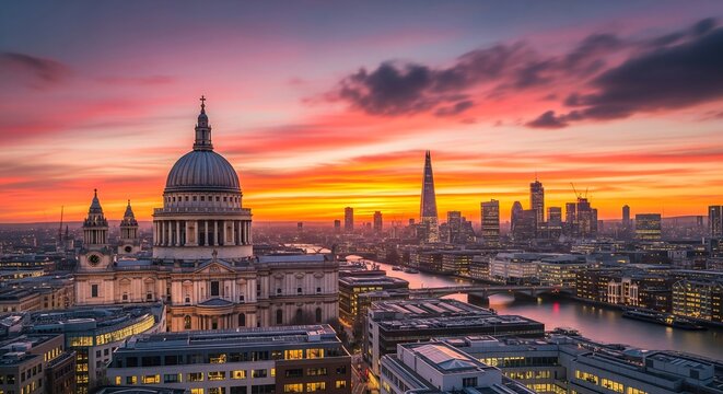 London skyline at sunset with St. Paul's Cathedral and The Shard