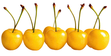 Row of six bright yellow cherries, stems up
