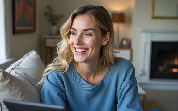 Beautiful caucasian blond woman dressed in blue sweater sitting on sofa in living room and having video call over tablet. High quality