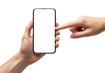 Two light-skinned hands hold black smartphone with blank white screen, finger poised to tap, on transparent background, copy space, professional digital mockup concept