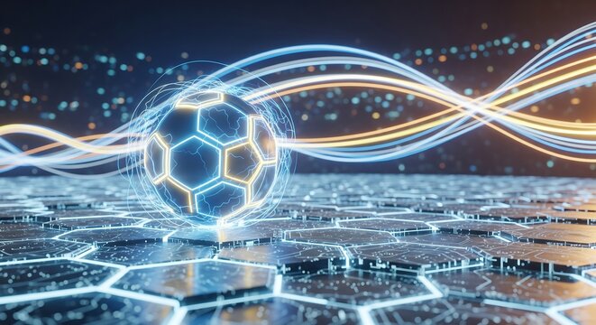 Futuristic soccer ball with glowing neon energy field and abstract - Powered by Adobe