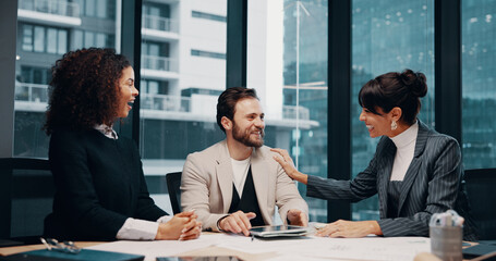 Conversation, smile and business people in office, support and financial agency with performance review. Happy, man or women in meeting, teamwork or discussion with budget report or positive feedback