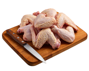 Raw chicken wing knife wooden chopping board fresh meat uncooked poultry kitchen preparation isolated cooking ingredient food culinary concept