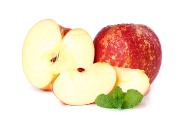 Fresh Red Apple Slices with Mint Leaves on White Background