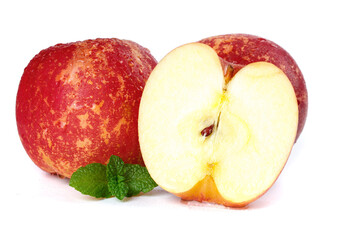 Fresh Red Apples with Sliced Half and Mint Leaves on White Background