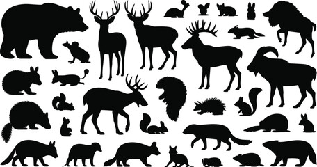 Silhouettes of diverse wild animals including bears, deer, squirrels, rabbits, moose, raccoons, hedgehogs, and foxes in forest nature