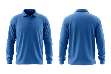 Full view of a royal blue long-sleeve polo shirt, front and back