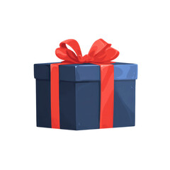 Dark Blue Gift Box with Red Ribbon and Bow - Festive Present Illustration
