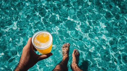 Hand Holding Beer Glass Above Water with Feet in Water