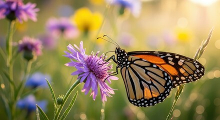 Naklejka premium Monarch butterfly feeding on a purple wildflower in a meadow