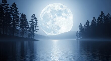 Fototapeta premium Mystical full moon over calm lake surrounded by silhouette trees
