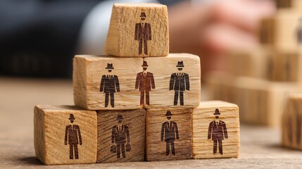 Man and woman standing on wooden blocks representing hierarchical structure of business goals and missions