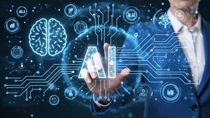 Asian businesswoman interacting with a futuristic ai interface displaying a brain and circuit board graphics on a dark background - Powered by Adobe