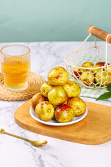 Fresh Jujube Fruits on Wooden Board with Juice Glass - Healthy Chinese Dates Nutrition Food Photography