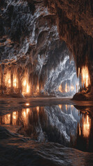 Glowing crystal cave, massive stalactite, reflection, underground, mysterious, serene