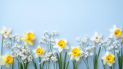 Fototapeta premium Daffodils and baby's breath flowers on a light blue background a spring floral arrangement