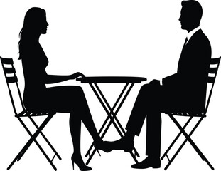 Silhouette of couple sitting at table in formal attire, intimate or business meeting concept, black vector art on white background