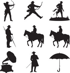 Silhouette collection of cowboy figures, horse riders and vintage objects Keywords: silhouette